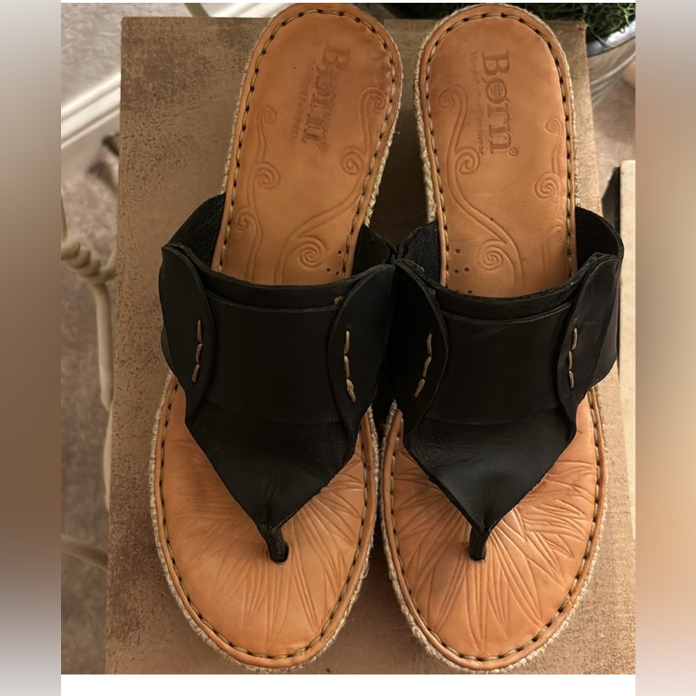 Born Black and Tan Wedge Sandals
